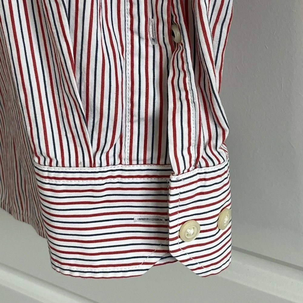 Banana Republic Soft Wash Button Up Shirt Red White Blue Pinstripe Cotton Mens L